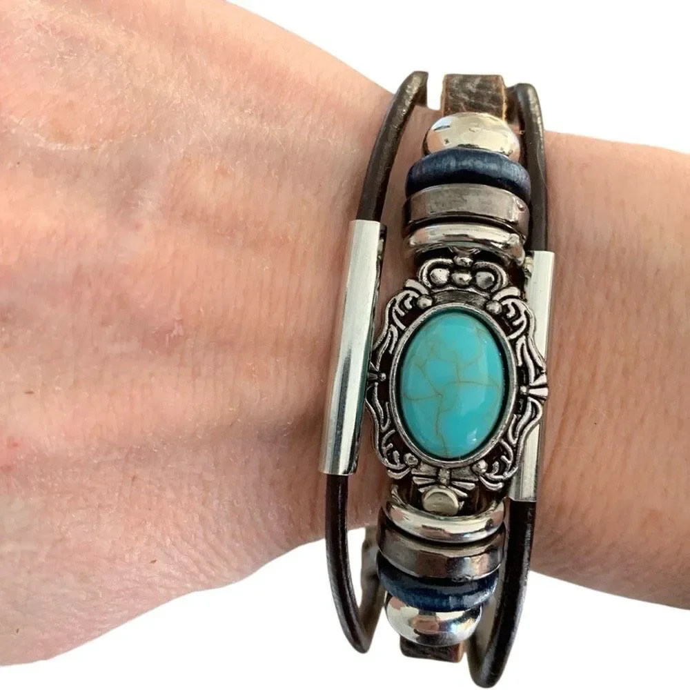 Rugged Western Boho Multi-Strand Bracelet, Faux Turquoise & Brown Leather